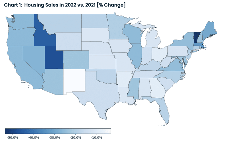 Housing Sales in 2022 vs. 2021 USA heat map